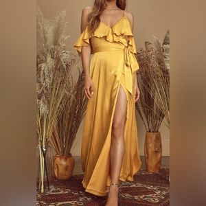 Moriah Mustard Yellow Satin Wrap Dress